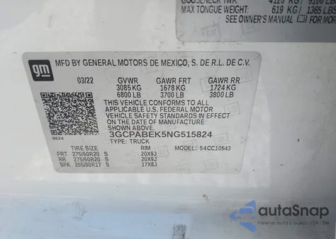 2022 Chevrolet Silverado 2Wd Short Bed Custom из США, поврежденный, VIN 3GCPABEK5NG515824